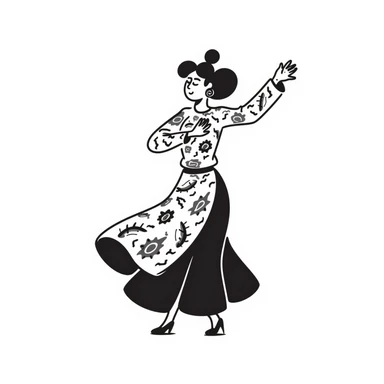 Dancing woman in Colombian salsa pose, vibrant dress, dynamic movement sticker