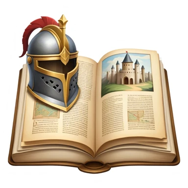 Icon for Historical Fiction Reading: an open book with pages showing ancient scrolls, a quill, a large knight's helmet, bowl and a parchment map. The icon should evoke the adventure and grandeur of historical settings and storytelling. Transparent background. sticker