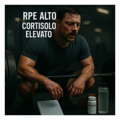 Replace the floating icons above the head with clear and readable Italian text: 'RPE alto' and 'Cortisolo elevato', maintaining the cinematic style and original color palette of the image. sticker