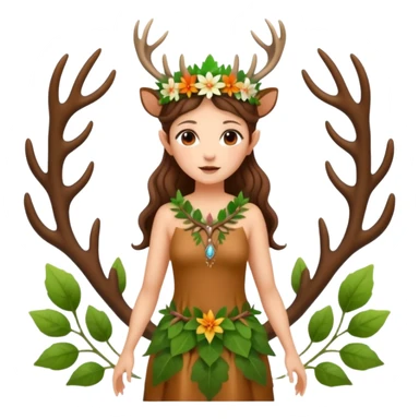 forest fairy woman dressed as deer spirit, antler crown and leaf dress, standing in flowers sticker