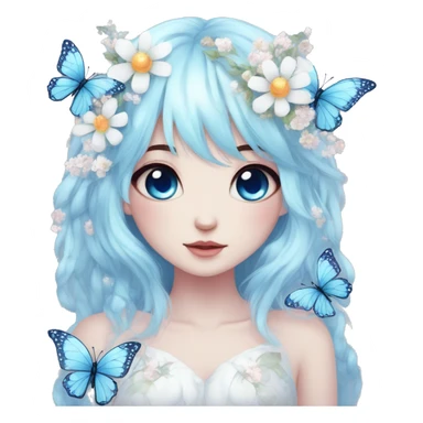 Edgy Cute Cool Kawaii gorgeous sparkly ethereal white fantasy animal with blue eyes sona with flowers and butterflies beautiful aesthetic sticker