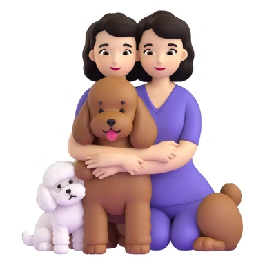 Woman with short black straight hair hugging a brown poodle and a white bichon frise sticker