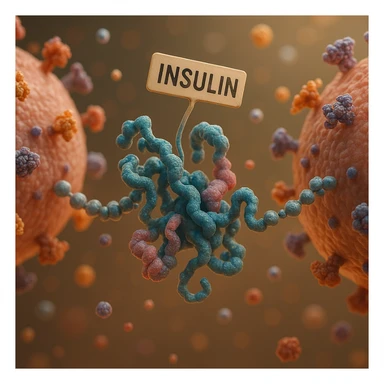 insulin stylized as a messenger between cells, hyper realistic 4K style, molecular details, educational atmosphere sticker