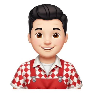 A cheerful, chubby boy with a retro 1950s diner aesthetic, wearing red-and-white checkered overalls and a white t-shirt. He has a playful, confident smile and a classic black pompadour hairstyle sticker