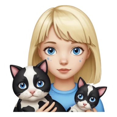 Cute cat black and white stain like a cow in the arms of a blond girl with bangs and blue eyes sticker