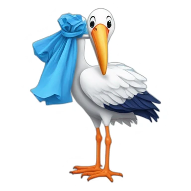 White stork carrying a blue bundle of cloth in its beak that has a human baby with dark hair and the baby face and head is peeking from the cloths bundle the strok is carrying with its beak sticker