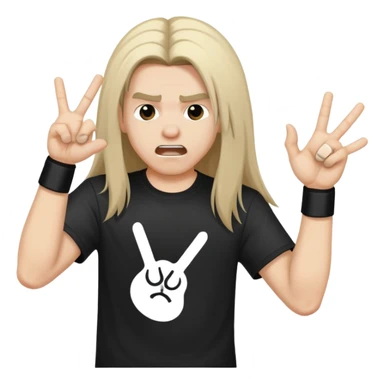 A person headbanging with long hair, wearing a black band t-shirt, making rock hand gesture sticker