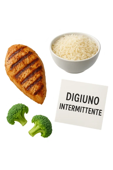 petto di pollo grigliato, bowl di riso basmati e broccoletti fluttuano in aria insieme ad un foglio con la scritta "DIGIUNO INTERMITTENTE", iperrealistico 4k sticker