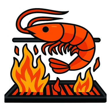 A playful illustration of shrimp grilling over flames with no background, colorful and fun style. sticker