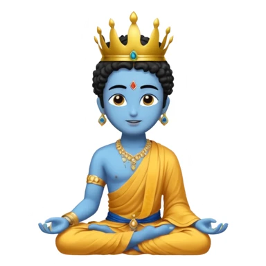Create a Jesus, Krishna, and Buddha standing together. Krishna: bright blue skin, black curly hair tied in a small topknot, a tiny golden crown decorated with a peacock feather, wearing a yellow dhoti and light golden jewelry

 sticker