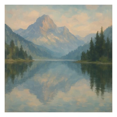 mountain landscape mirrored in a lake with reflection, painterly style, calm atmosphere sticker