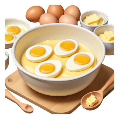 baking preperation with mixing bowl with uncracked eggs and butter sticker