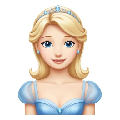 Cinematic Radiant Cinderella Portrait Emoji, rendered in a clean vector-style with bold proportions. Show Cinderella with a warm, serene smile, fair skin, and lustrous blonde hair, wearing a simple yet elegant dress that shimmers with gentle light. The image glows with an inviting, soft radiance and high shine, embodying timeless beauty. sticker
