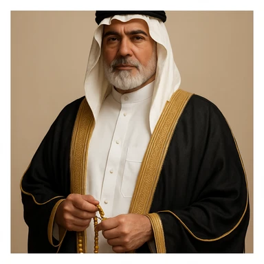 classic rich Arab man, white thobe, ornate bisht, holding prayer beads, sophisticated sticker
