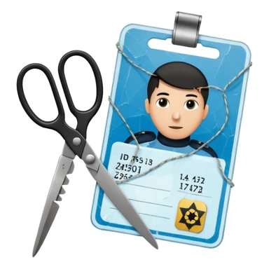 Floating black Scissors cutting in half an idf soldier ID card with a little chip in 2 parts sticker