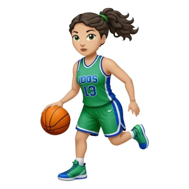 full body plus size light skin latino women basketball player with wavy dark hair in pony tail wide nose wearing green and blue uniform sticker