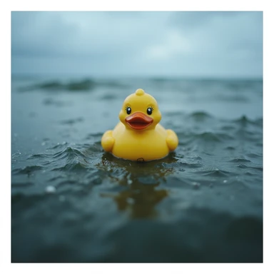  Cinematic still, Extreme Closeup shot of Yellow duck toy on ocean during cloudy day, stormy sea, Camera from top, inspired by interstellar sticker