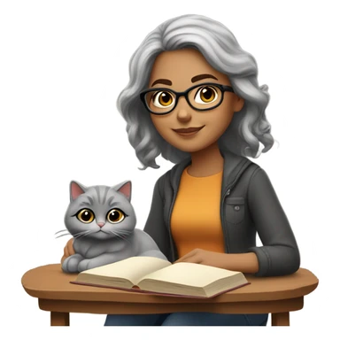 Beautiful Hispanic girl, wearing glasses, shoulder length gray hair, sitting with a cat and book on her lap.  She’s wearing fall colors.  sticker