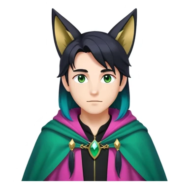 anime man with long-straight-dark-black-gradient hair with green accents, long black fox ears with pink Scapha, hazel-gradient-brown-turquoise eyes, gold earring, dark-blue-sweater, green cape,  sticker