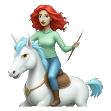 [
	{ woman: alien, color: light green, hair:red, eyes:blue} ]
	on a 
	[{ unicorn: white, legged:six, mane: light blue }] sticker