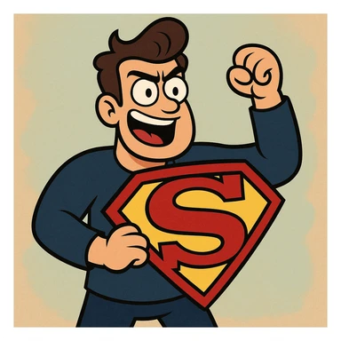 cartoon character holding shield shaped like S inspired by Superman logo, bright colors, representing Sauvenière sticker