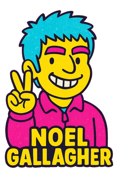 Noel Gallagher with a cheeky grin, holding up two fingers, pop art style sticker