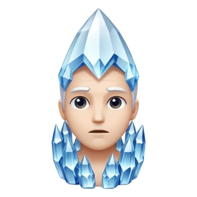 A single crystal character inspired by a clear quartz cluster, chunky base with many tall transparent crystal spikes growing upward all around it with a face sticker