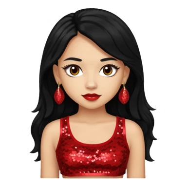 Jade from Bratz with long black hair, light skin, brown eyes, red sequin crop top sticker