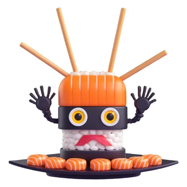 a robot shaped like a sushi roll, with LED eyes, tentacle sticks and soy sauce dripping like wires sticker