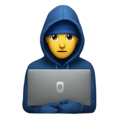 Developer with a dark blue hood behind his computer and focus on his code  sticker