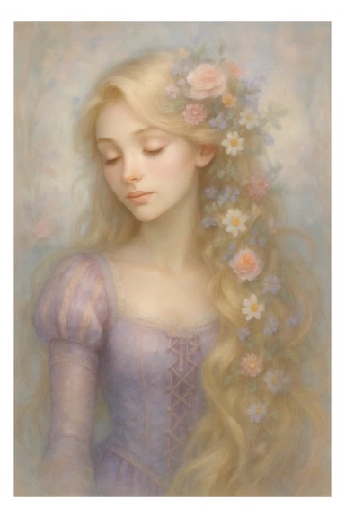 Rapunzel with flowers in her hair, dreamy fantasy style, soft colors, ethereal, beautiful sticker