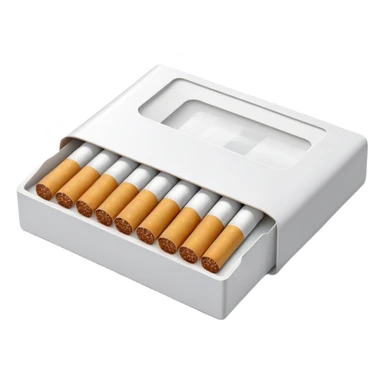 An open cigarette pack with visible cigarettes inside, designed in the style of an Apple iOS emoji. The pack should be clean and minimalistic, with soft gradients, no outlines, and a realistic but friendly look. The cigarettes inside should be neatly arranged and slightly detailed, with white filters and brown tips. The overall illustration should have a soft 3D appearance with gentle shadows and subtle texture. Transparent background. High resolution. PNG format. sticker
