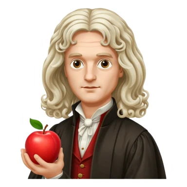 Isaac Newton wearing aristocratic attire with long curled periwig, hold an apple sticker