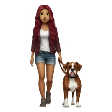 Beautiful tattooed  burgundy long haired woman walking a boxer dog sticker