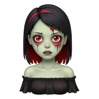 Garota zumbi com cabelo liso e mechas vermelhas na lateral da cabeça dos dois lados, usando uma blusa com manga caida preta sticker