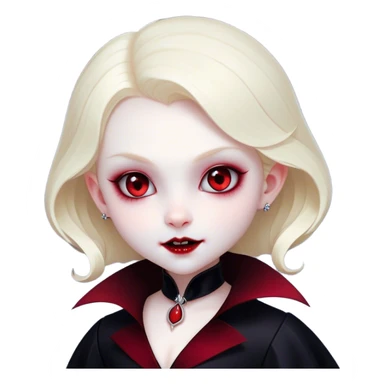 Cinematic Cute Vampire Portrait Emoji, with a refined yet playful small, rounded pale face accented by tiny, cute fangs and bright, twinkling eyes, sporting miniature elegant dark attire with a hint of crimson, simplified yet irresistibly charming, highly detailed with a soft glowing outline that captures the delightful duality of spooky sweetness and stylish allure! sticker