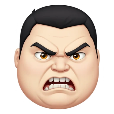 chubby young angry man in profile view with black hair, sharp fangs, crossed eyes sticker