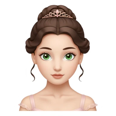Cinema Realistic Ballerina Portrait, with porcelain-like skin featuring a natural rosy flush, illuminated by soft lighting that highlights the gentle contours of her face. Her Brunette hair flows in soft.Her deep green light eyes radiate framed by arched brows and long lashes. sticker