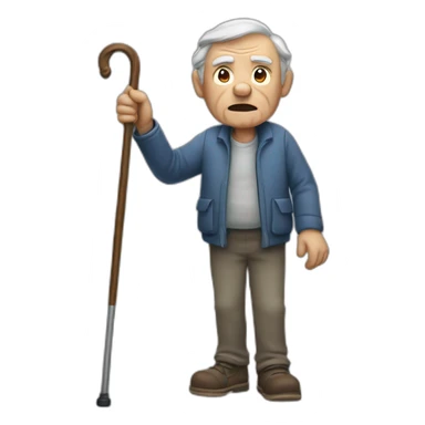 Old man leaning on a walking cane holding his back with the other hand grumpy face, detailed sticker