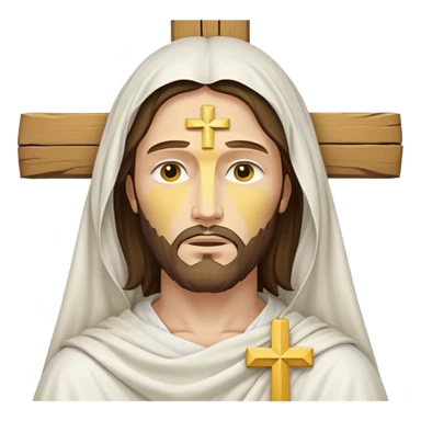 Christian cross with a white cloth draped over it and Jesus Christ on it, simplified, iconic, yellow face, gentle expression sticker