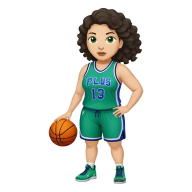 full body plus size light skin latino women basketball player with wavy dark hair large wide nose wearing blue with green uniform sticker