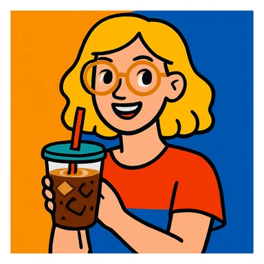 blonde woman with gold glasses holding an iced coffee, vibrant illustration sticker