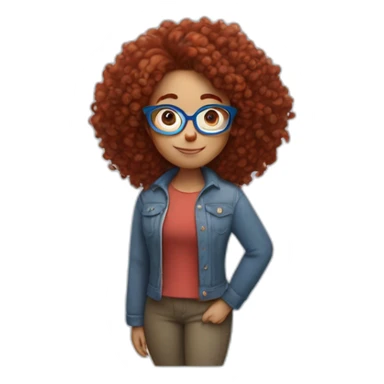 A curvy girl with dark red curly hair and blue glasses in full body in Pixar style sticker