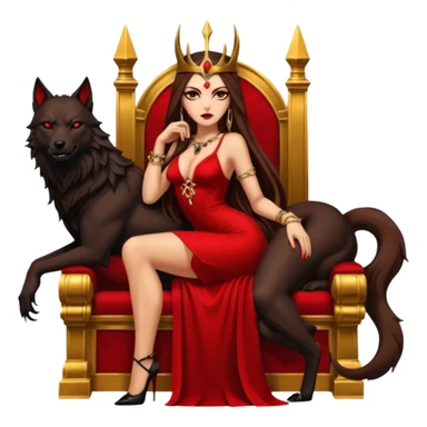 Caramel skin toned Lilith symbol seductress evil brown straight long hair haired, sexy succubus woman with red and black Chanel dress sitting on a Black and gold throne. A large black wolf laying beside he sticker