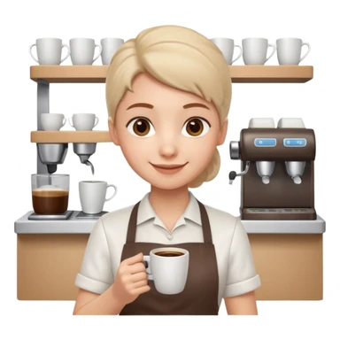 cute barista portrait, head and shoulders only, wearing apron, coffee shop uniform, friendly smile, holding a small coffee cup, 3D cartoon, mobile game icon style, clean background, no text, no watermark
 sticker