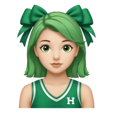 Sydney Taylor with green Hawkins Cheerleader no sleeve uniform, green bow on her hair sticker