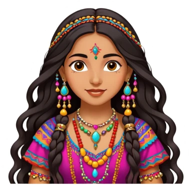 A Romani girl with long dark hair, wearing a colorful, traditional dress with intricate patterns, and a bright, joyful expression, surrounded by vibrant accessories and jewelry sticker