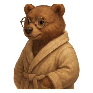 A cute anthropomorphic bear wearing round glasses and a cozy bathrobe, 3/4 view, detailed, semi-realistic style, warm atmosphere. sticker