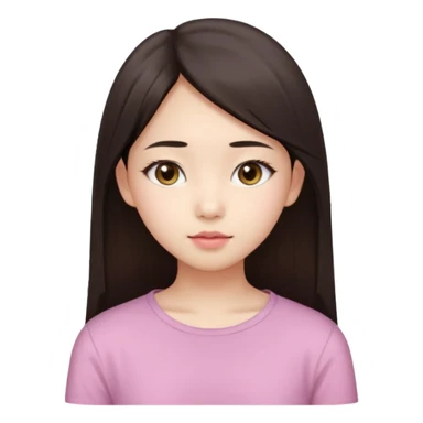 Asian girl, 17 years old, fair skin, oval face, big brown eyes, long straight dark brown hair, soft pink lips, calm expression, wearing a pale yellow top, portrait from head to chest, white background. sticker