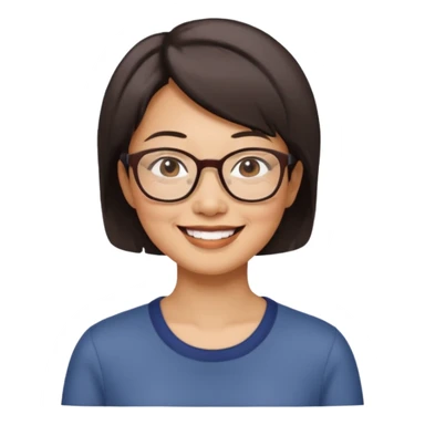 a middle-aged Asian woman with short hair wearing glasses and an impression sticker